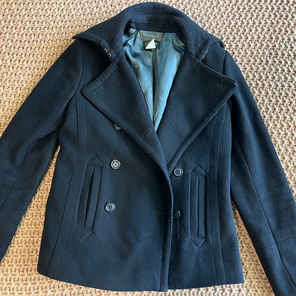 J. Crew Women's Double Breast 100% Wool Black Pea Coat Jacket Size XS